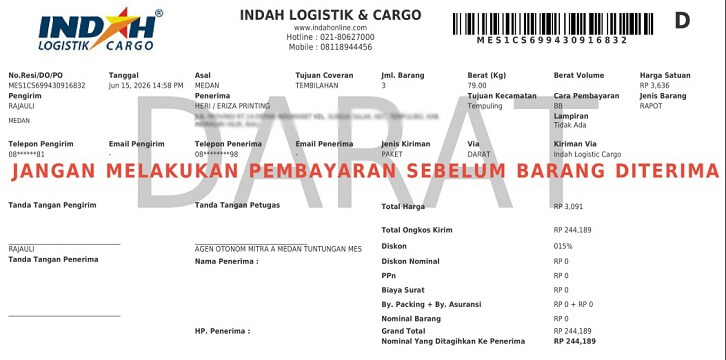 Resi kargo percetakan medan